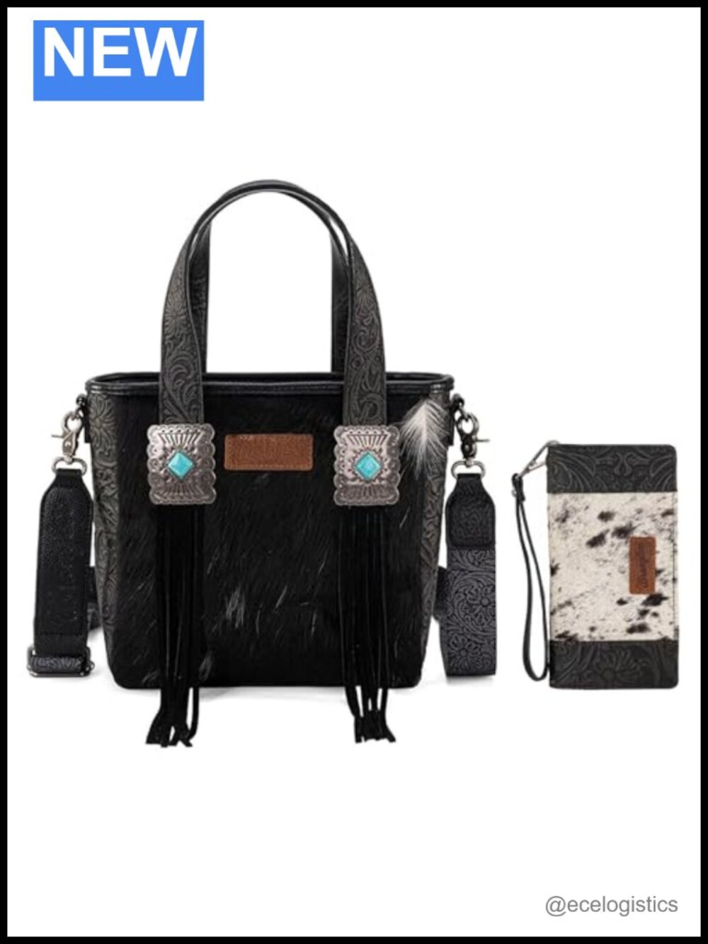 Genuine Hair-On Cowhide Tote Bag with Wristlet Wallet Set Western Floral Tooling
